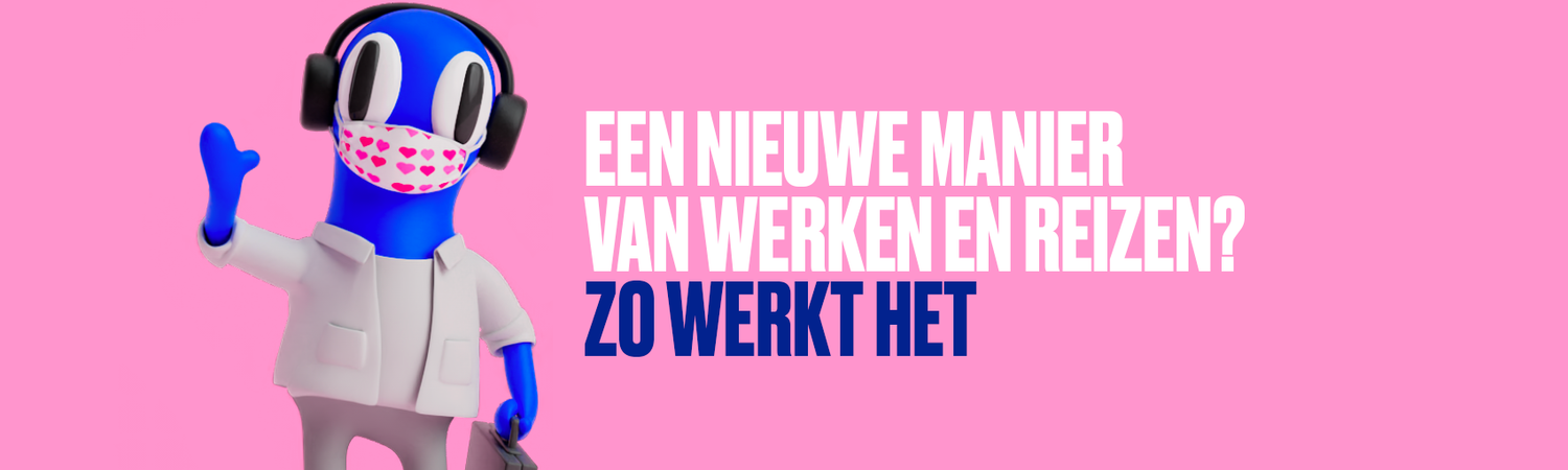 Een grafisch beeld van de campagne Zo Werkt Het. Links staat het blauwe poppetje van de campagne, die zwaait. Rechts staat de tekst: 'Een nieuwe manier van werken en reizen? Zo Werkt Het.'