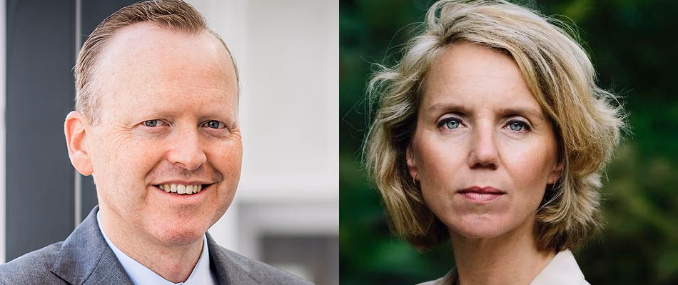 Portretten van Roald Lapperre (directeur-generaal Milieu en Internationaal bij het ministerie van IenW) en Marieke van Wallenburg (directeur-generaal Overheidsorganisatie bij het ministerie van BZK).