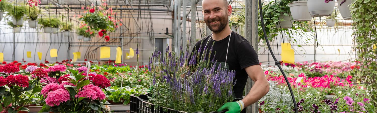 Een medewerker staat met een krat bloemen in een tuincentrum.
