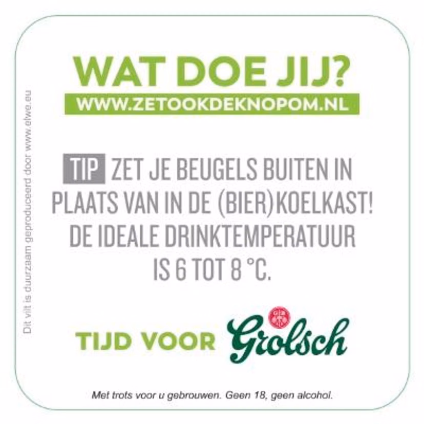 Bierviltje van Grolsch met daarop een tip voor energie te besparen.